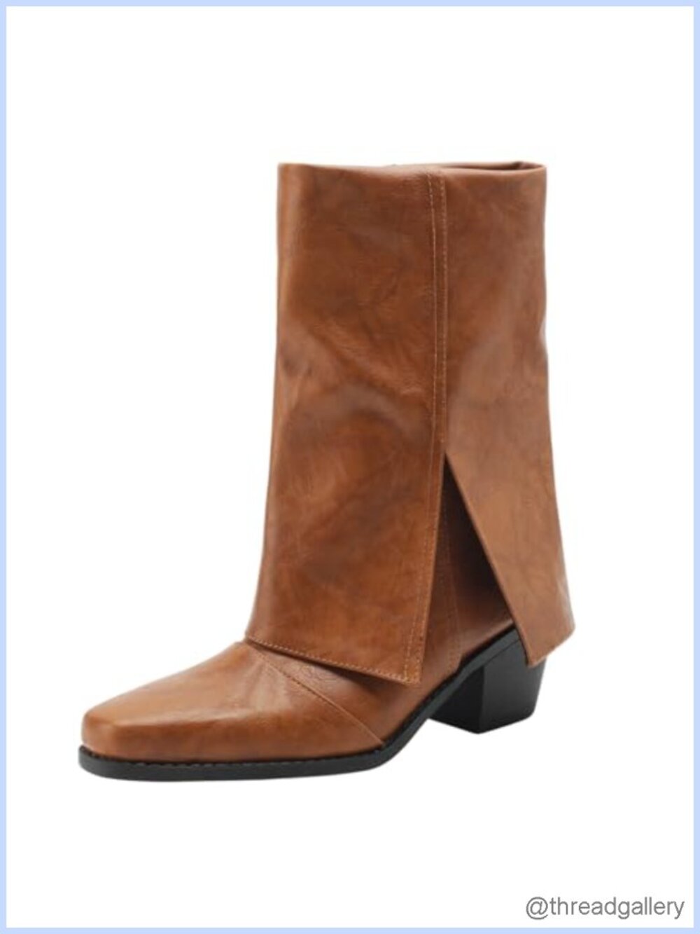 Womens Square Toe Mid Calf Boots Chunky Heel Fold Over Pull On Faux Leather
